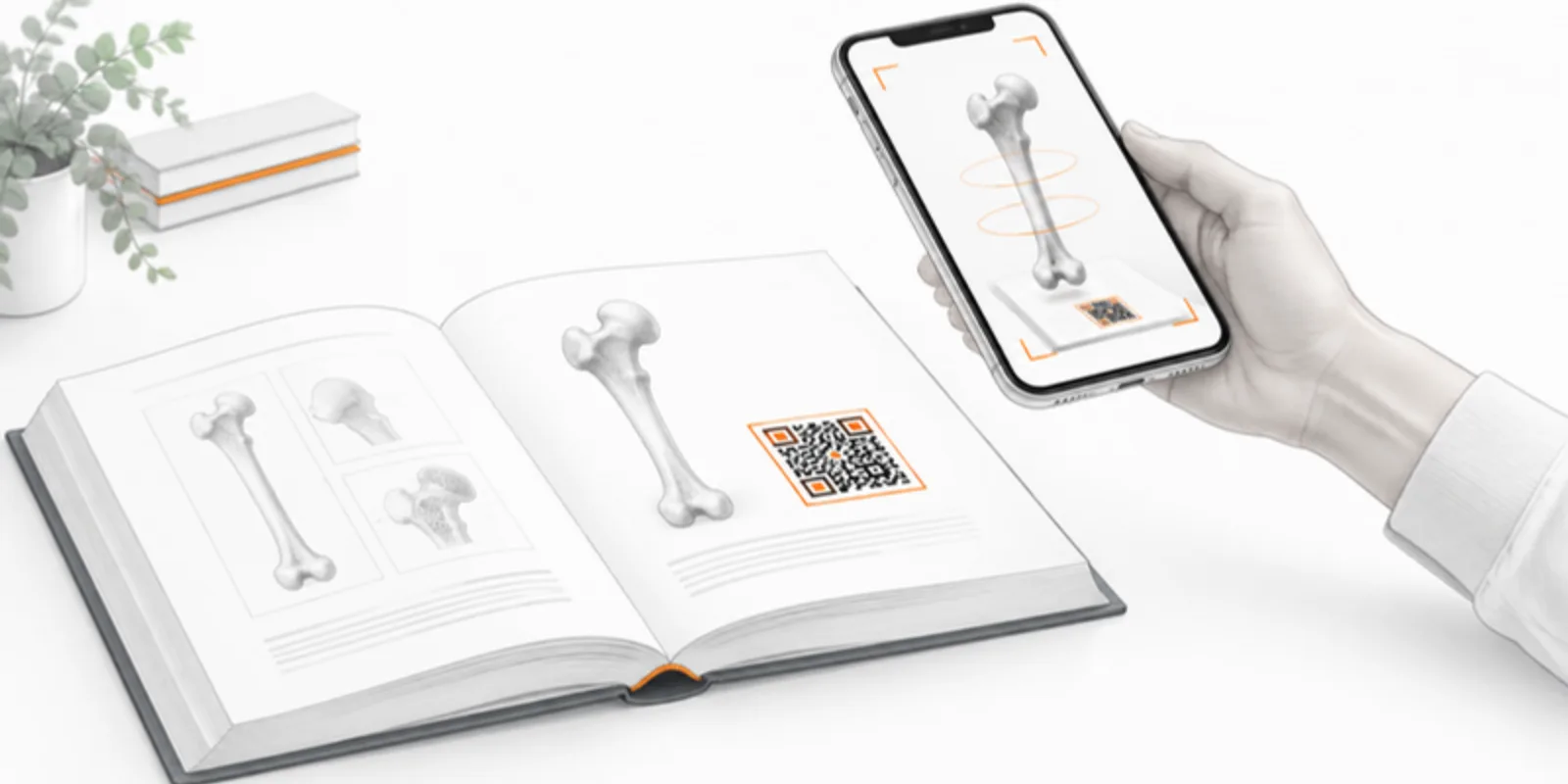 An open thesis with a QR code beside a 3D figure and a phone showing the same model