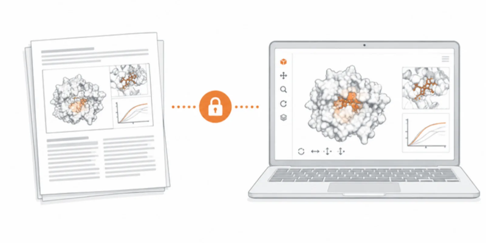 A journal manuscript with a figure panel beside a laptop showing the interactive 3D model of the same figure