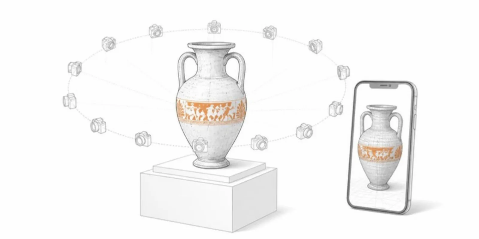 An amphora on a museum plinth surrounded by photogrammetry camera positions, with a phone showing its 3D scan