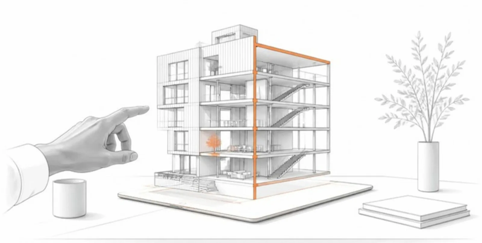 A building model cut open by a section plane, placed in AR on a table