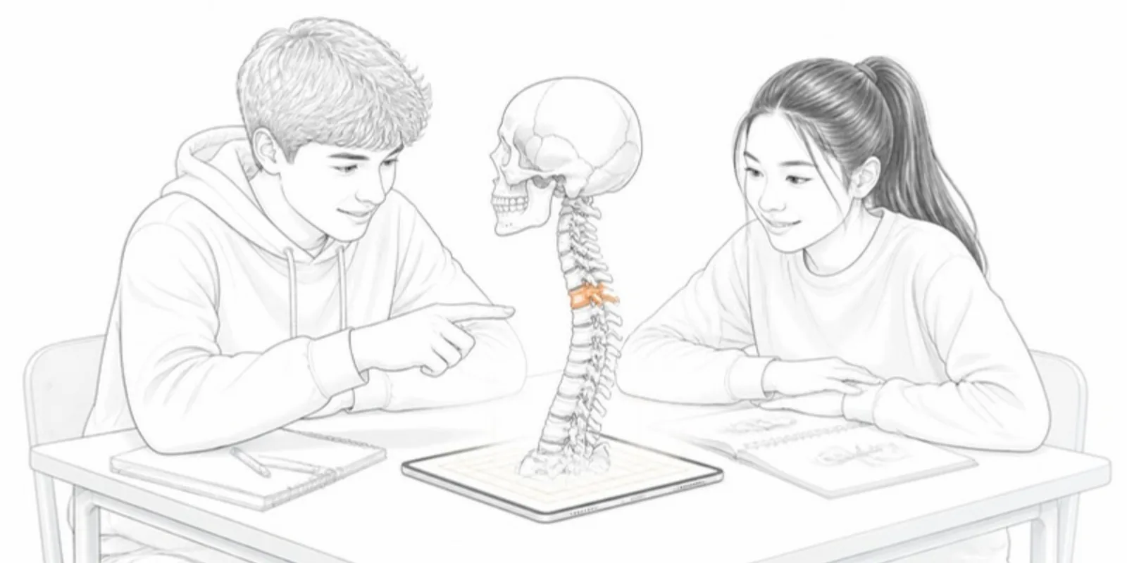 Two students looking at a skull and spine model in augmented reality above a tablet