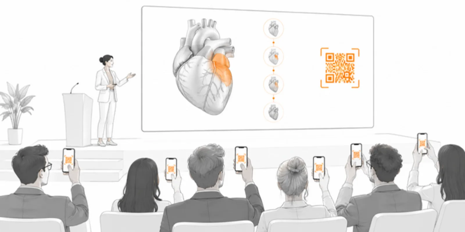 A conference stage with a presenter and a large screen showing a 3D heart model with step dots, audience phones raised