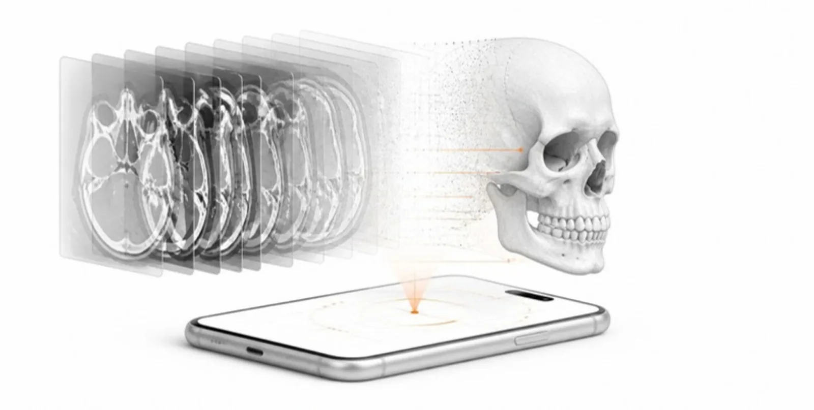 CT slices turning into a 3D skull shown in AR on a phone