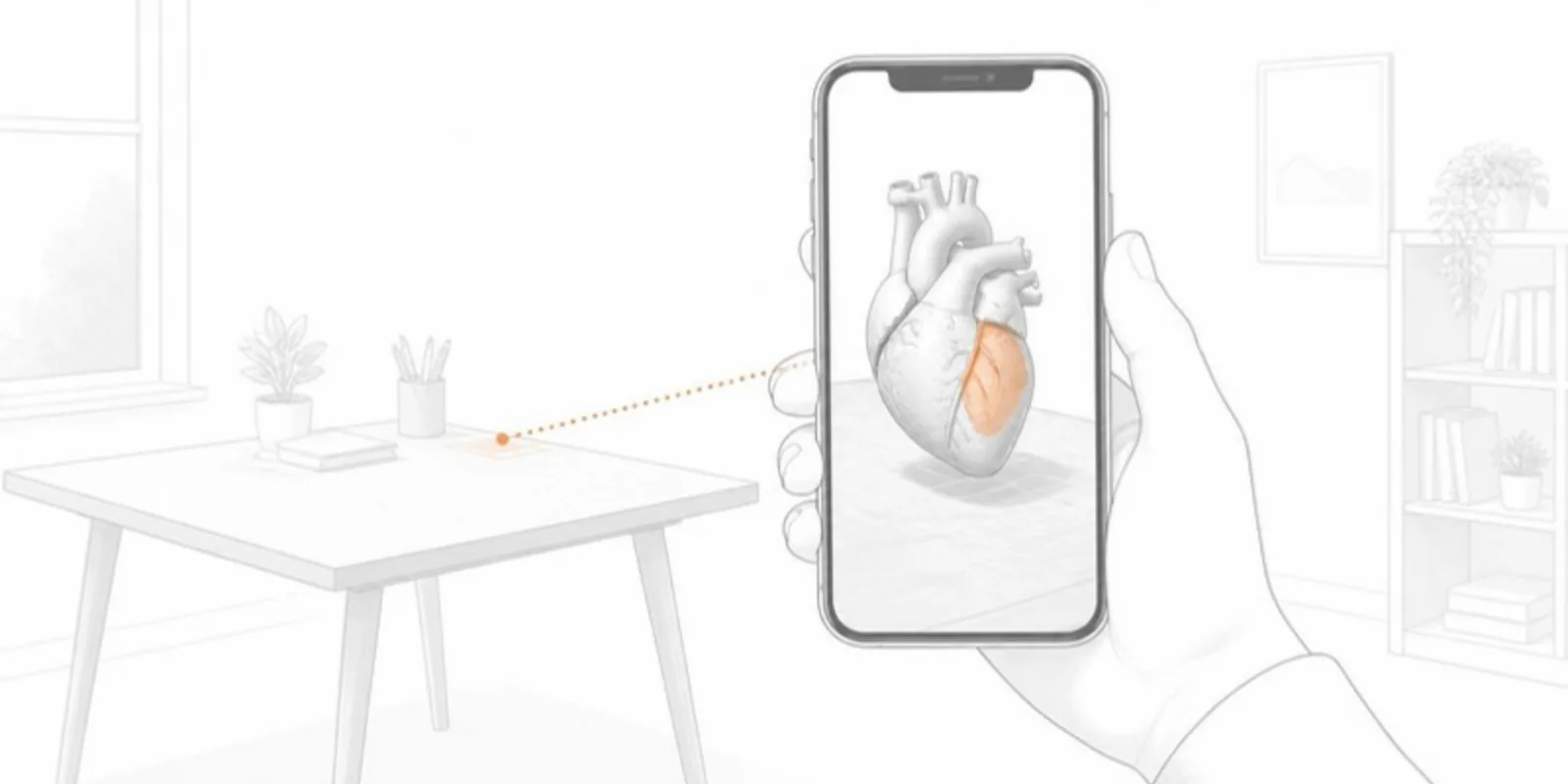 An iPhone showing an anatomical heart model placed on a desk in augmented reality