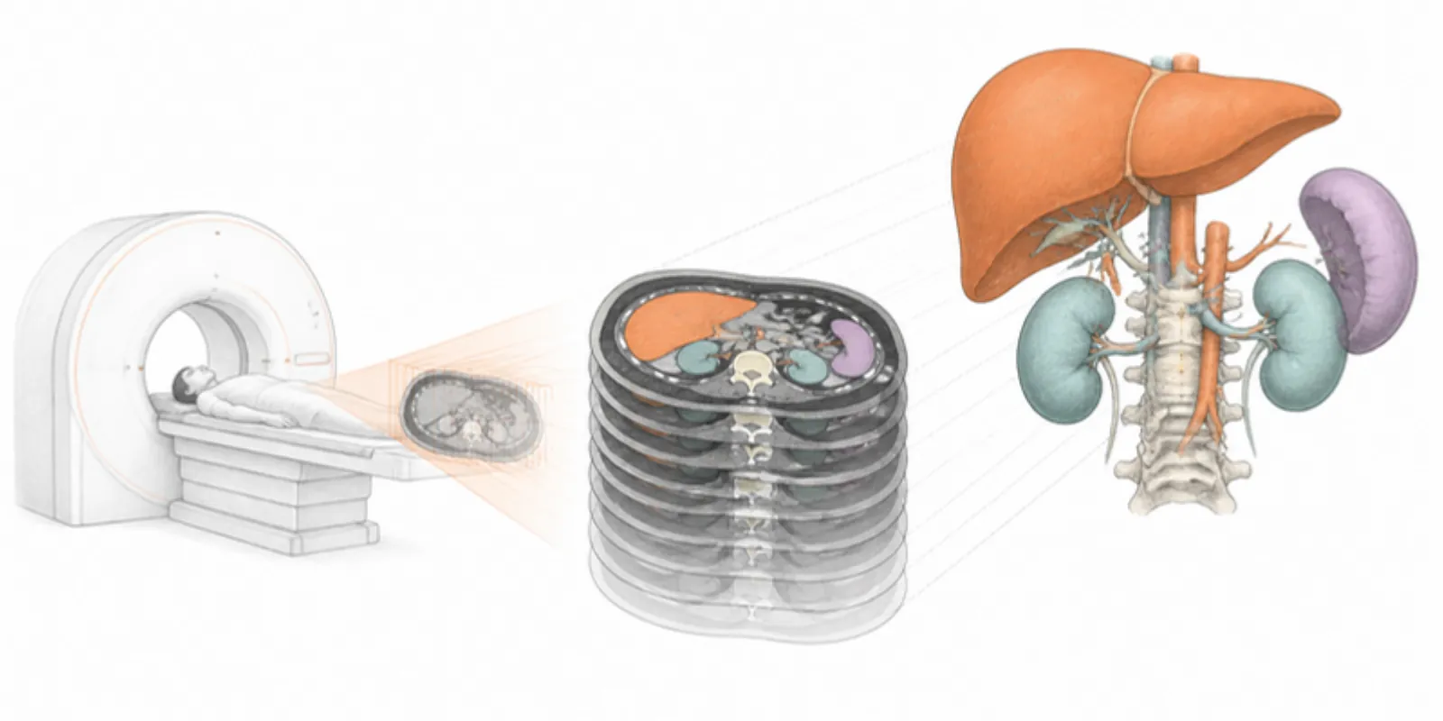 CT slices with coloured segmentations rising into a 3D model of the liver, kidneys and spine