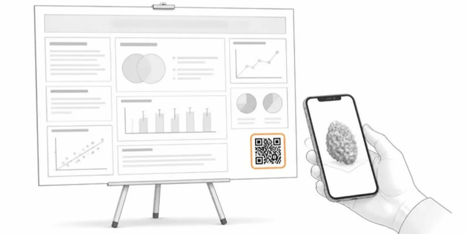 A conference poster with a QR code being scanned by a phone that shows a 3D model