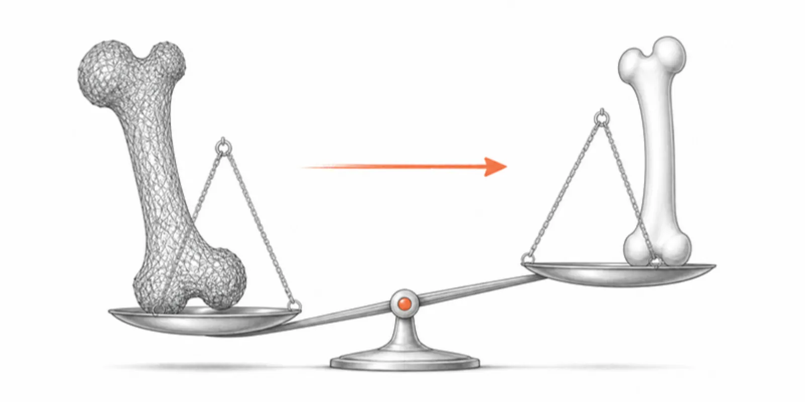 A heavy wireframe bone and a light optimized bone on a balance scale