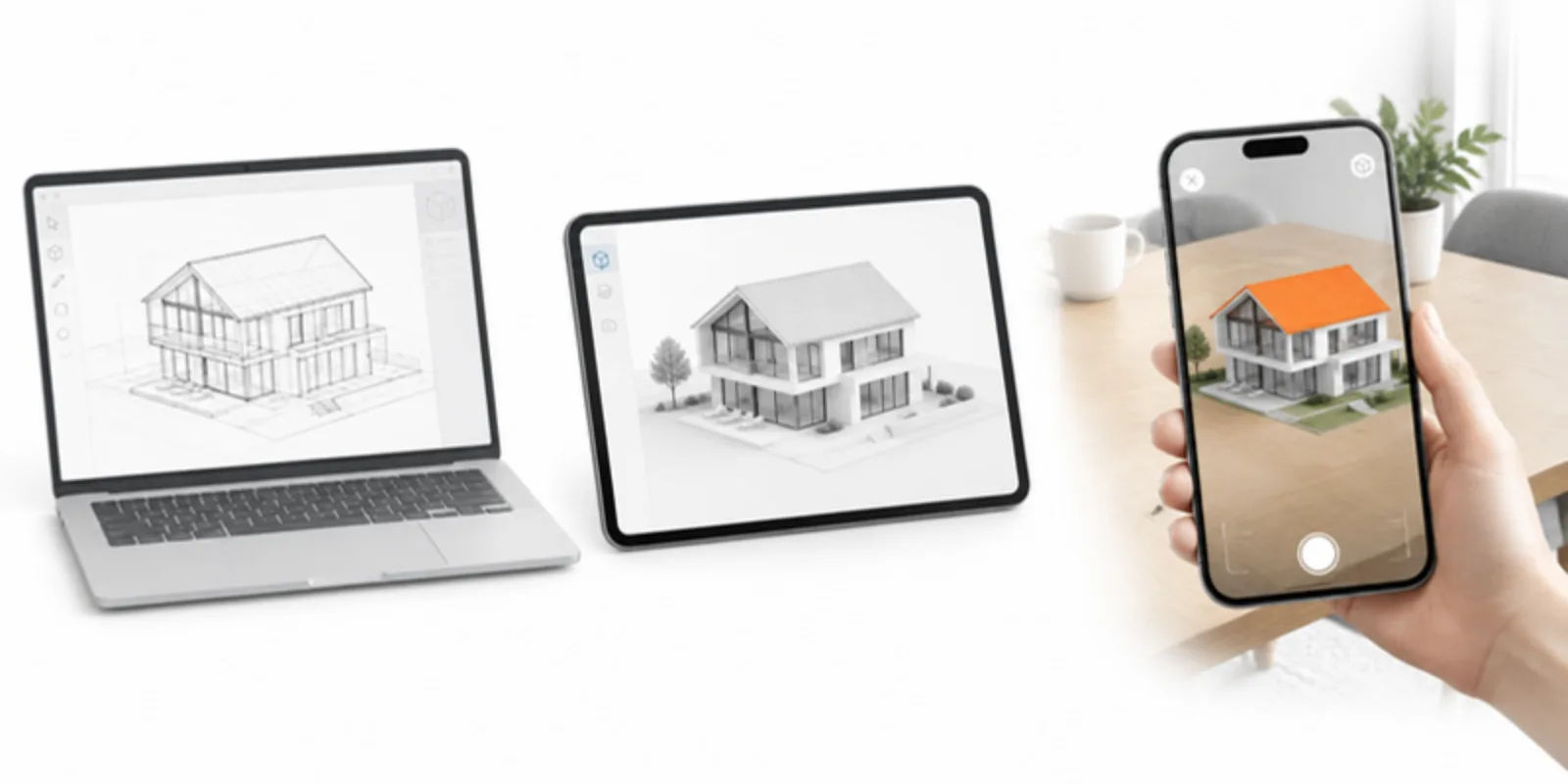 An architectural house model shown in three stages: a CAD wireframe on a laptop, a clean 3D model on a tablet, and in AR on a phone