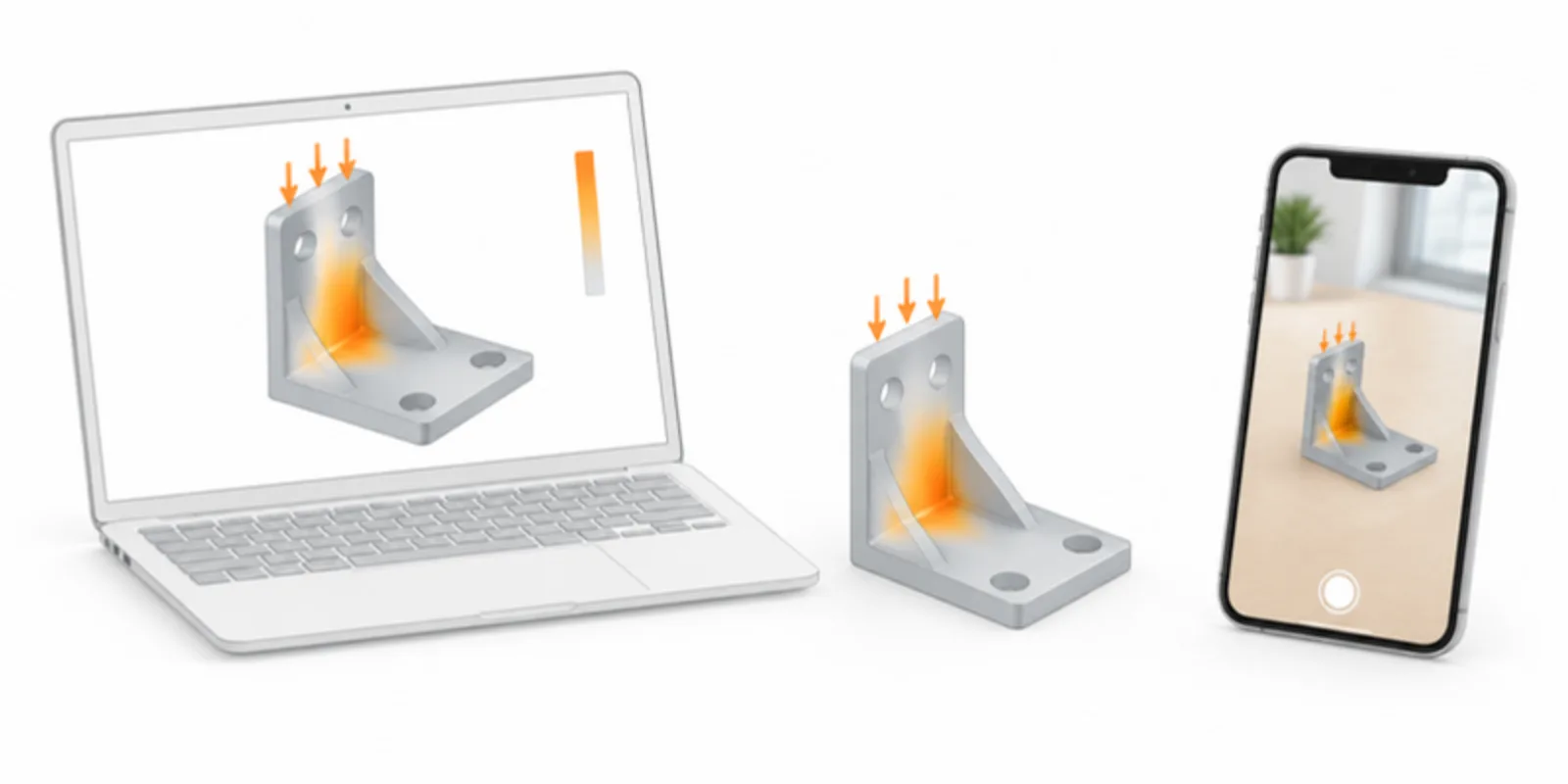 A mechanical bracket with a soft stress colour map on a laptop, with load arrows and an AR view on a phone
