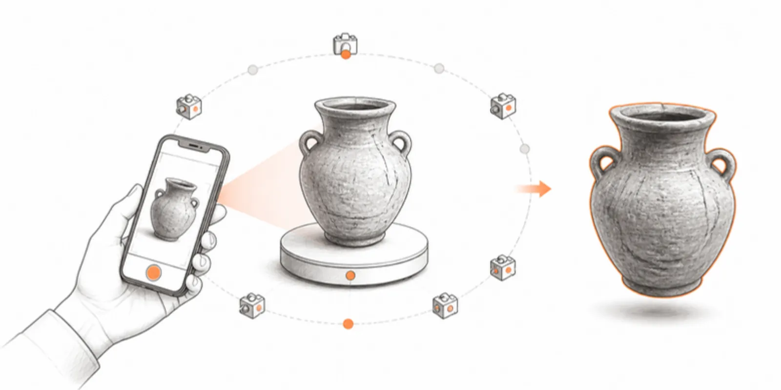 A phone capturing a clay pot on a turntable and the finished textured 3D model