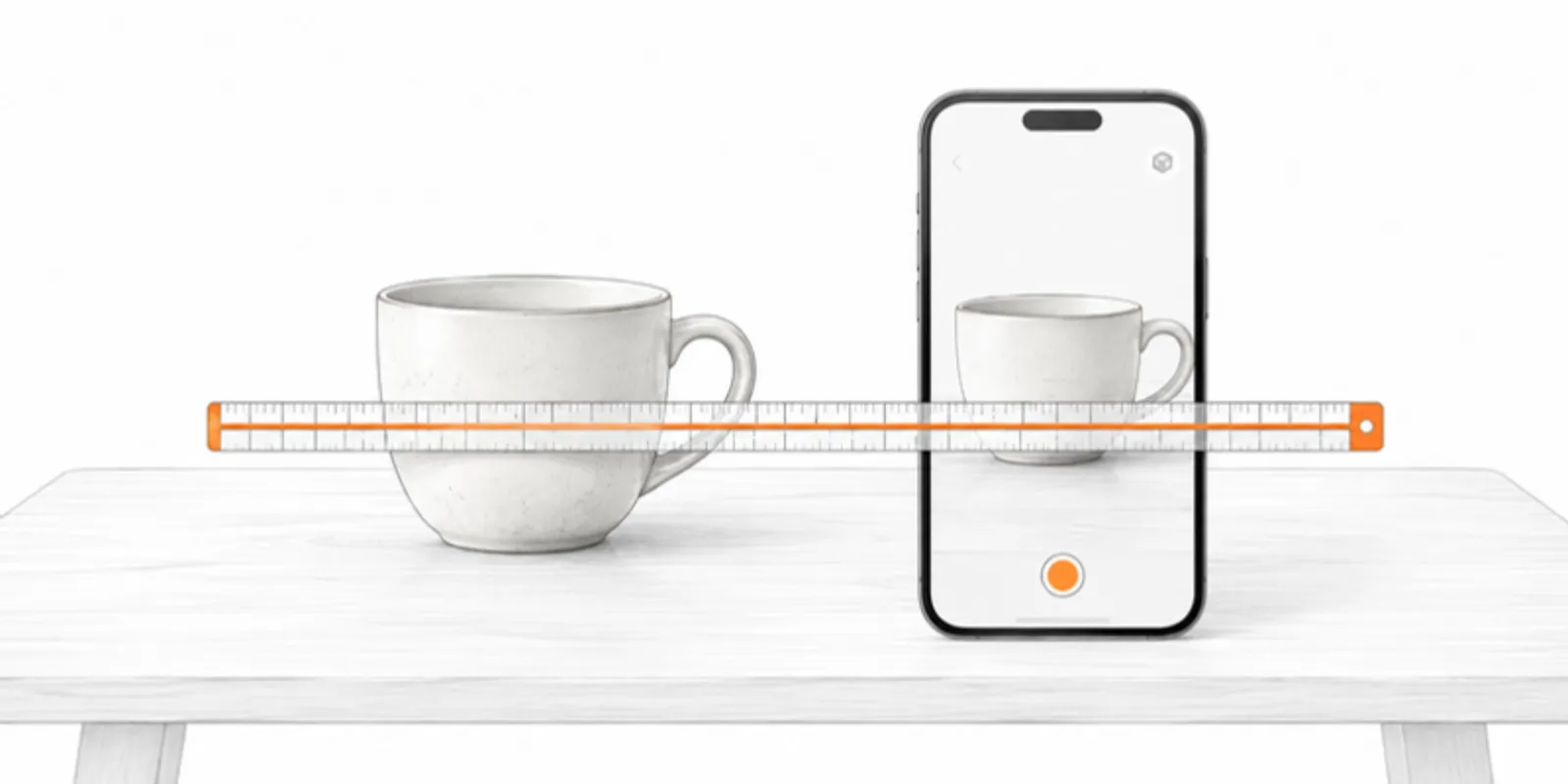 A real ceramic cup on a table and a phone beside it showing the same cup in AR at identical size, with a ruler