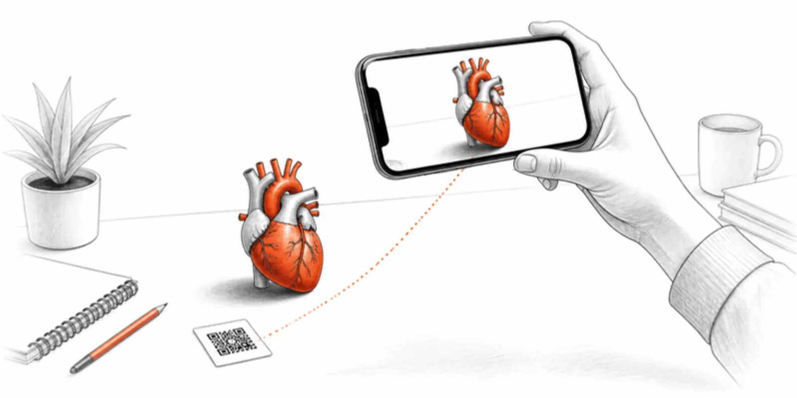 A phone placing a 3D heart model on a desk in AR after scanning a QR code