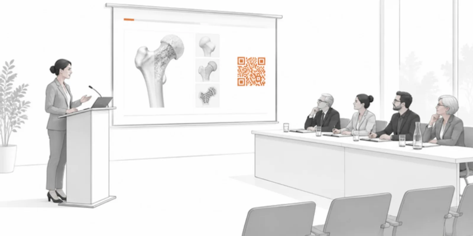 A doctoral defence room with a candidate at a lectern, a slide with a 3D bone model and a QR code