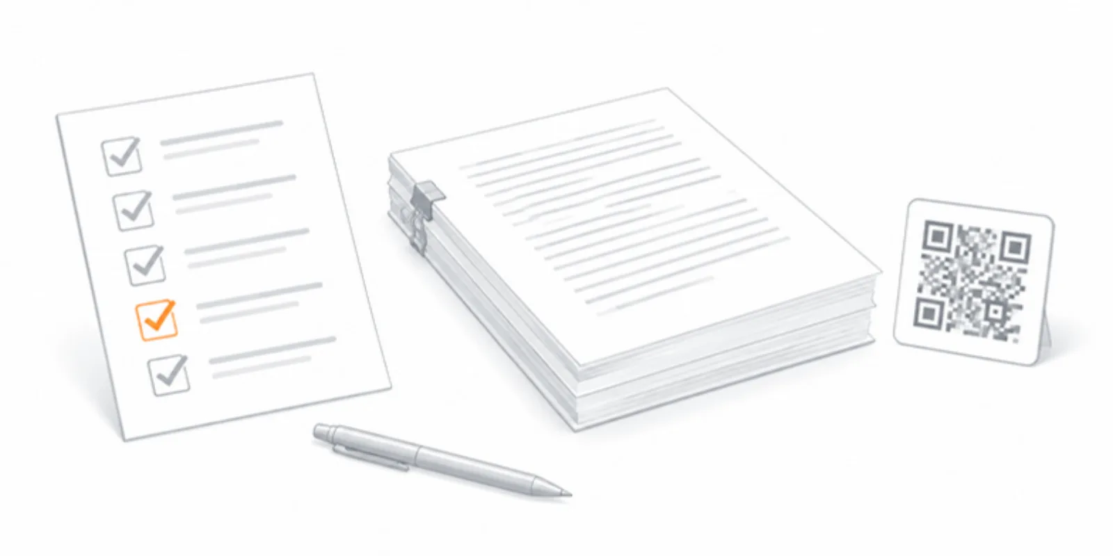 A submission checklist beside a manuscript and a QR code