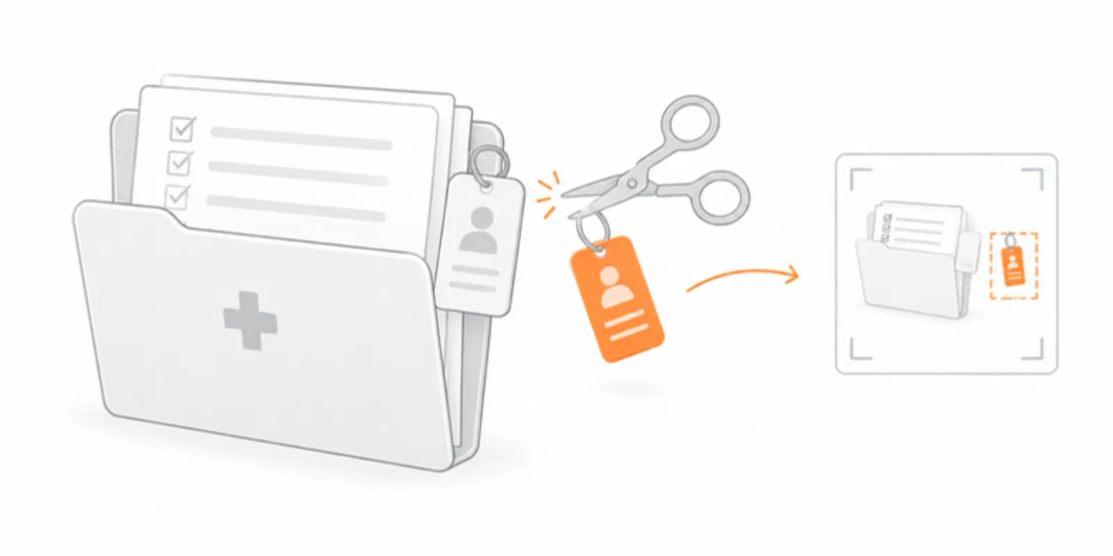 A medical file folder with a checklist and an identification tag being cut off from a scan thumbnail