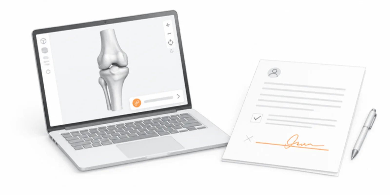 A laptop showing a 3D bone model with a review link badge, beside a consent form with a signature line
