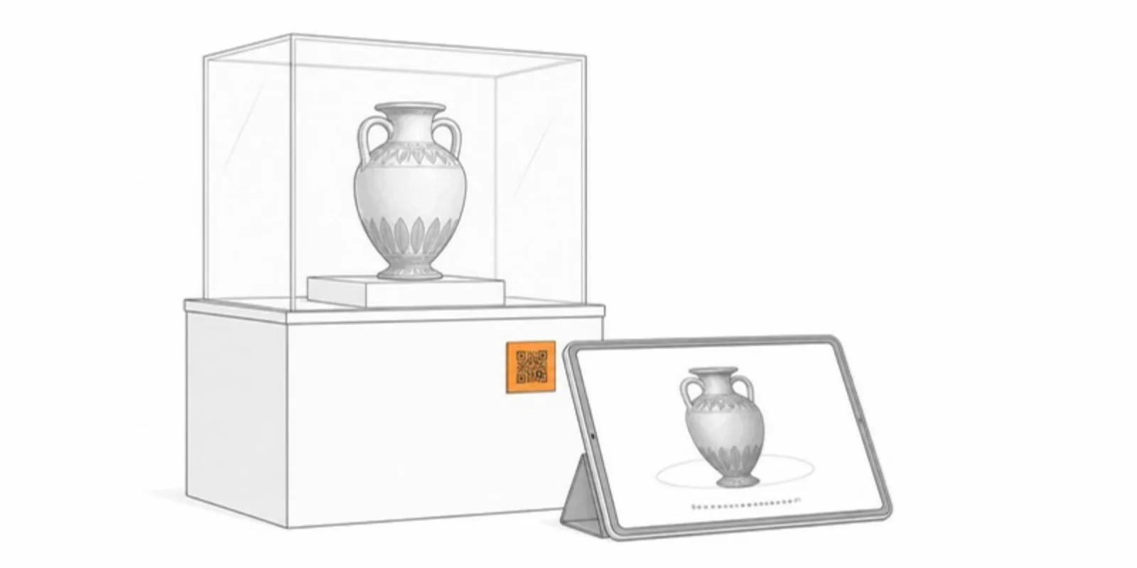 A museum display case with a QR plaque linking to the 3D model