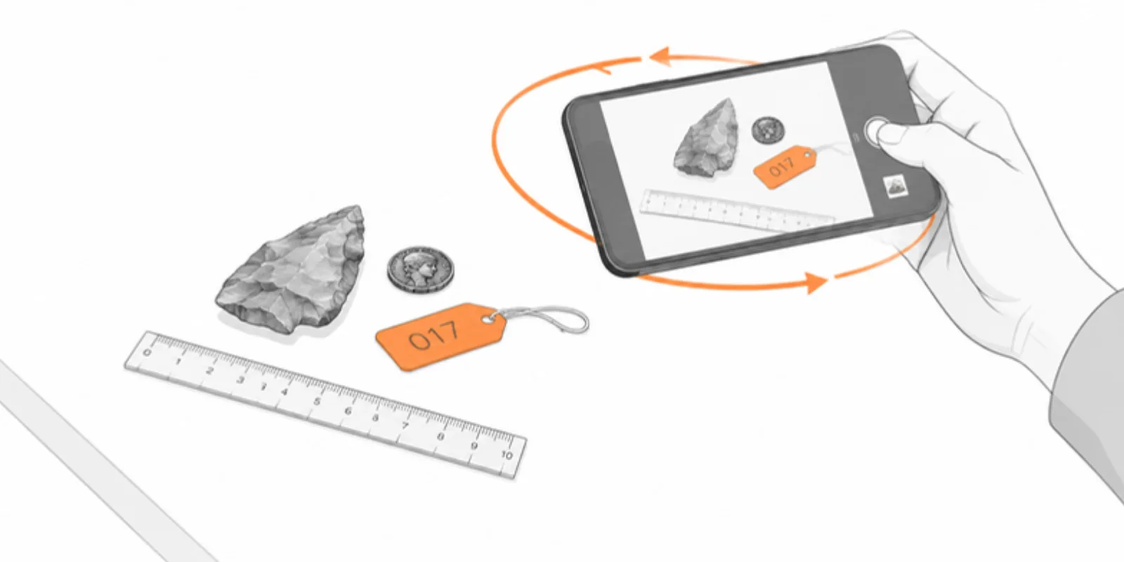 A catalogue page of pottery sherds drawn in line art, each with a tiny QR code