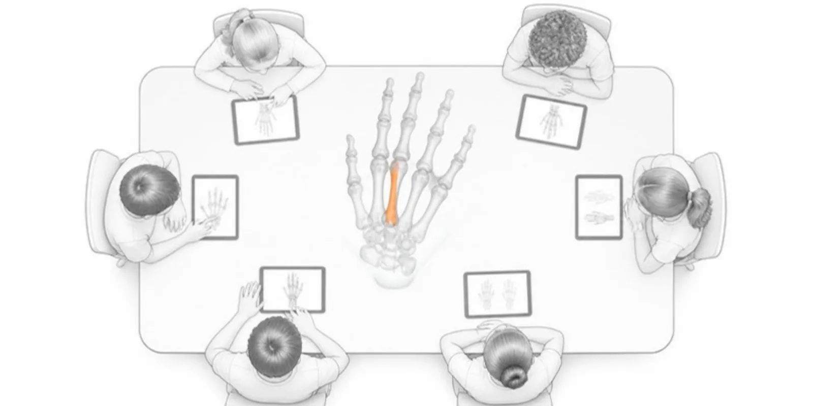 Students exploring a floating hand skeleton in AR