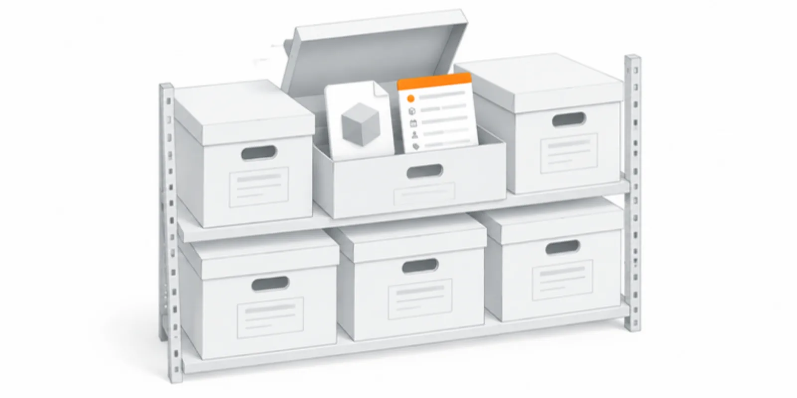 A repository shelf of archive boxes, one open showing a 3D model file icon and a metadata card