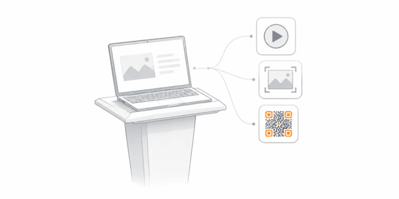 A laptop on a lectern with three backup icons linked by thin lines: a video play button, a screenshot frame and a QR code