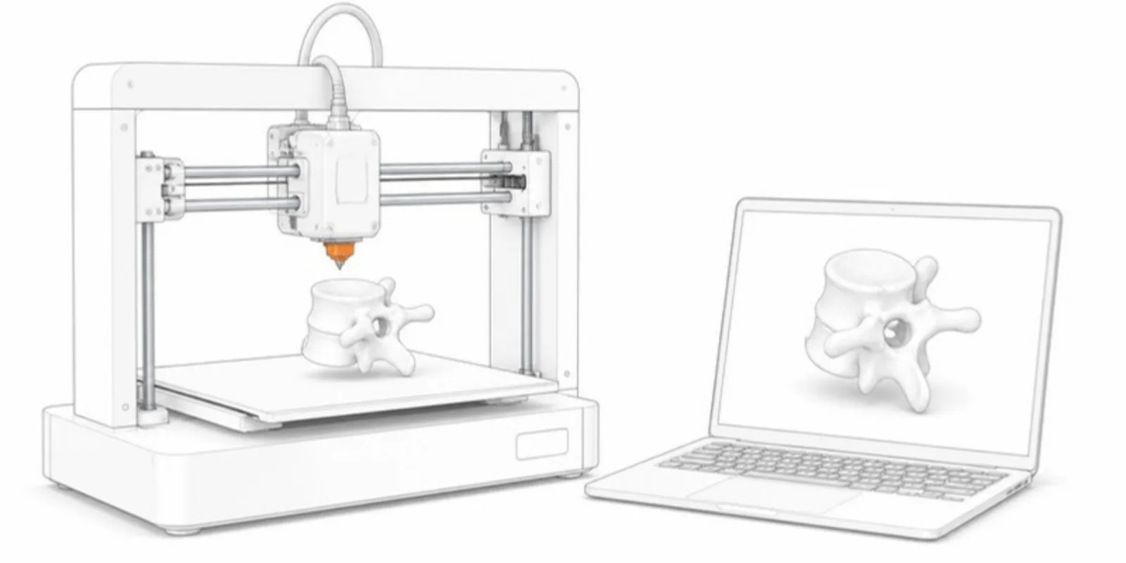 A printed vertebra beside a laptop showing it