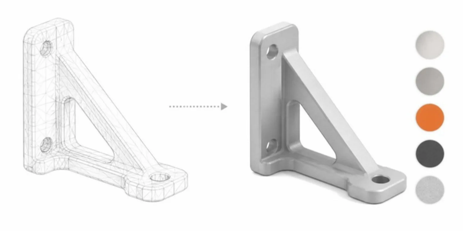A bare triangle mesh next to the same part with materials