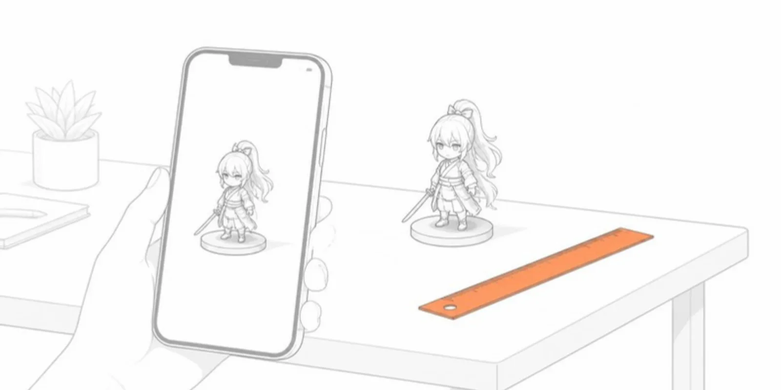 A figurine in AR beside a ruler for scale