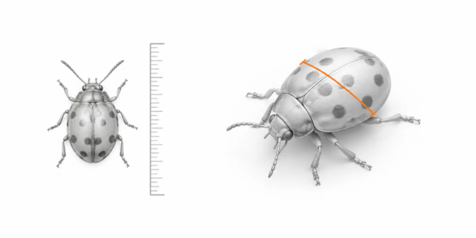 A small beetle specimen next to a ruler scale bar and its 3D model with a measurement line across it