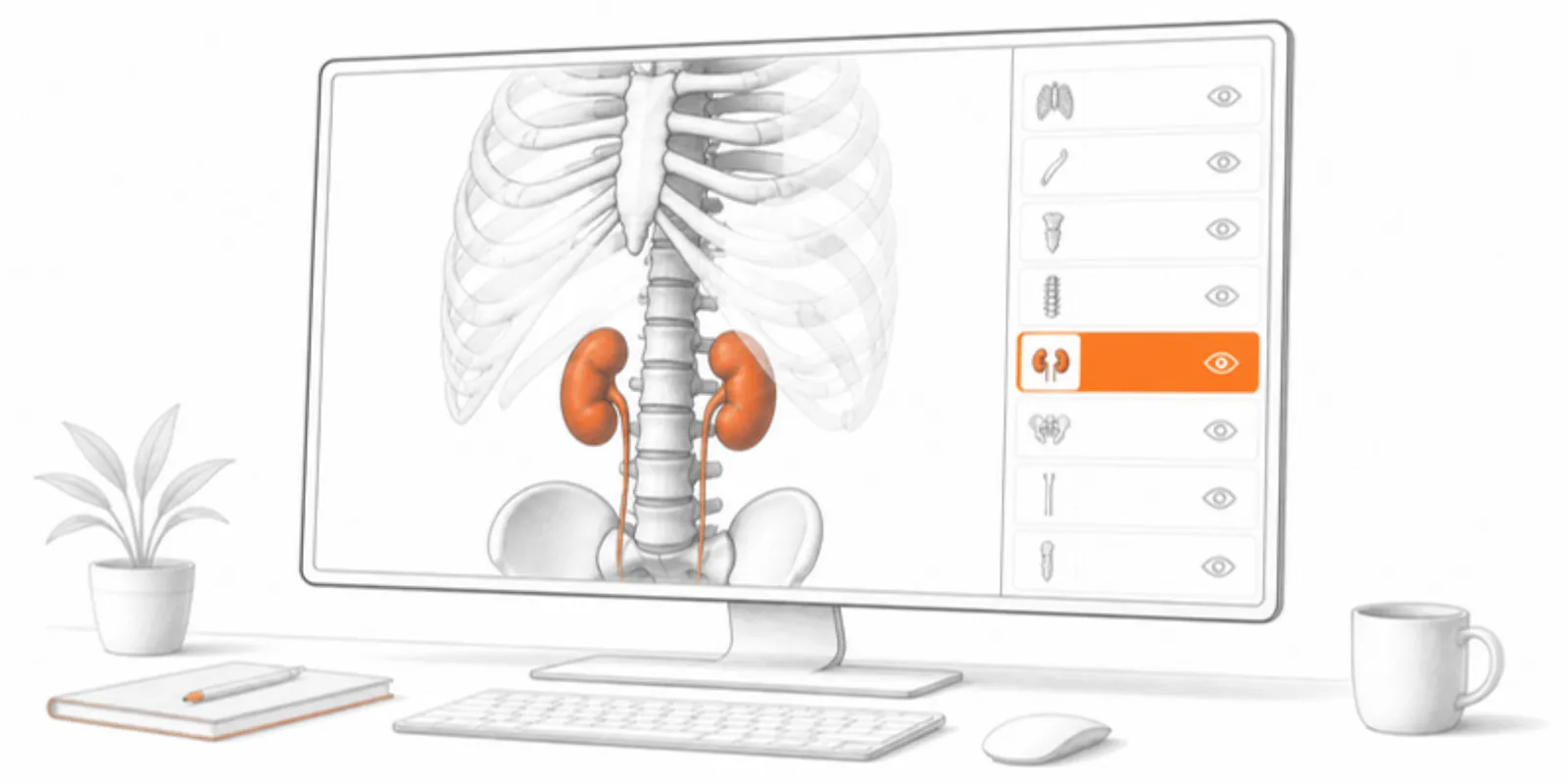 A 3D model of the spine, ribs and kidneys with a layer list beside it