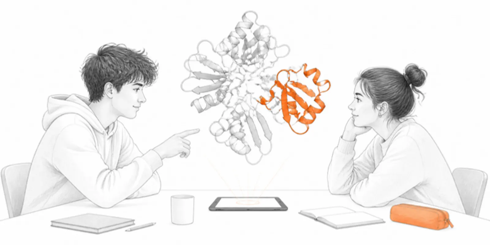Two students discussing a protein model shown in AR above a table