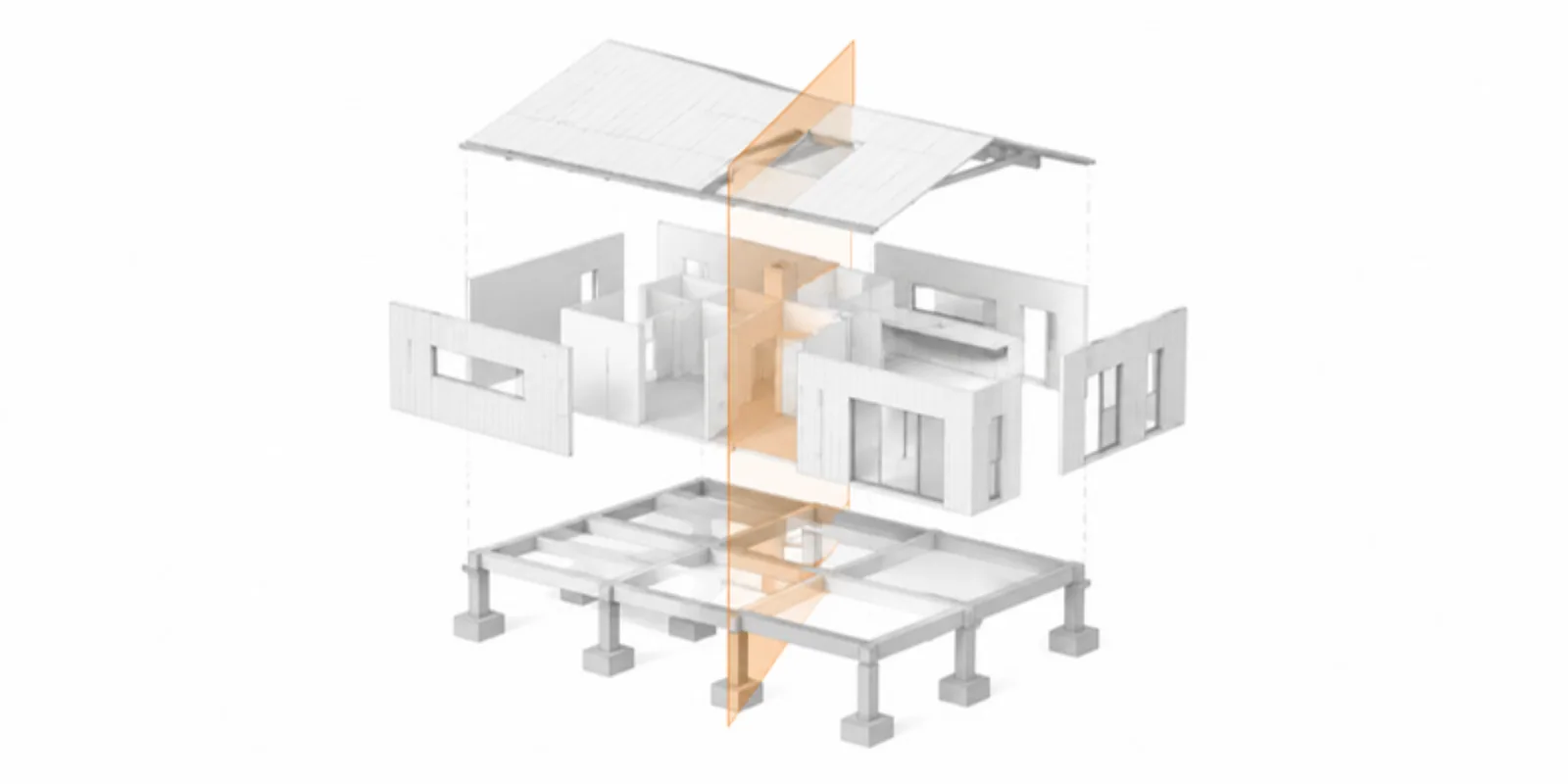 A building model exploded into floating layers with a thin section plane cutting through it