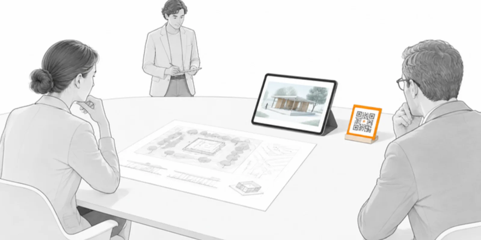 A design jury table with a printed plan, a tablet showing a 3D pavilion and a QR card