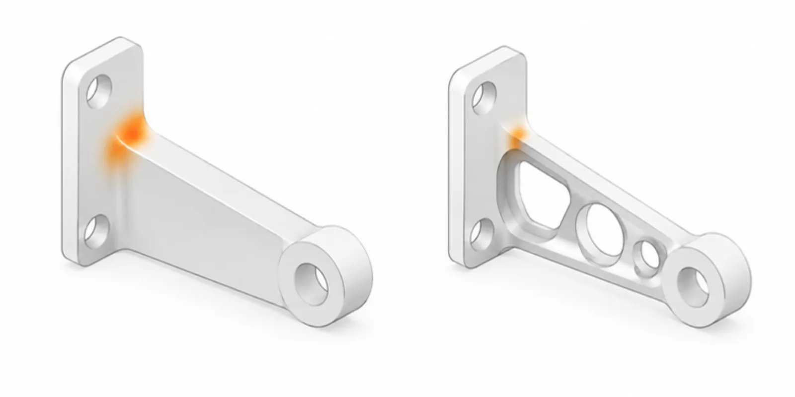 Two versions of a bracket side by side, an original solid one with an orange stress hotspot and an optimised lighter one