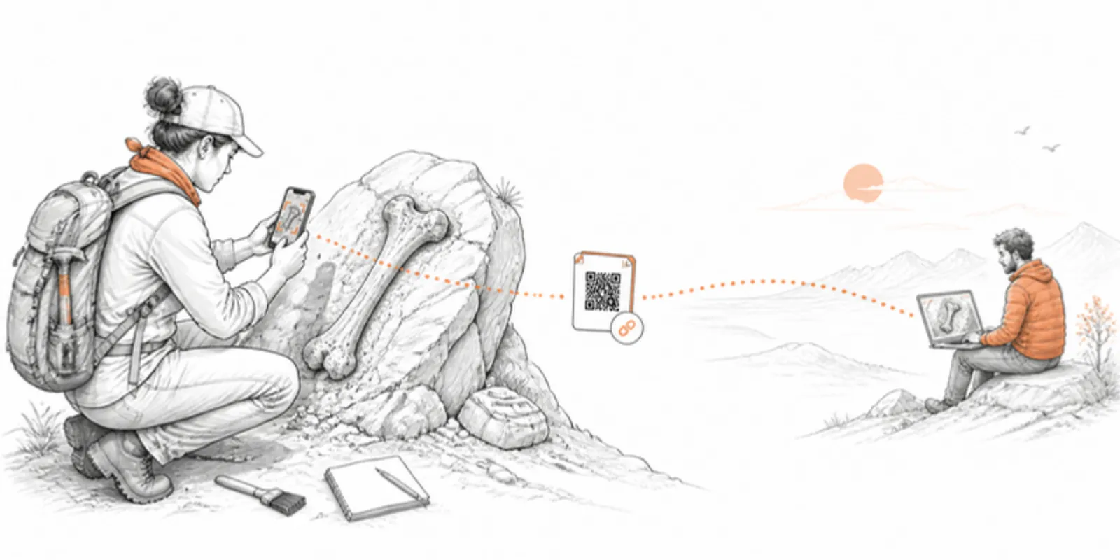 A field researcher scanning a fossil and a colleague viewing it remotely through a shared link