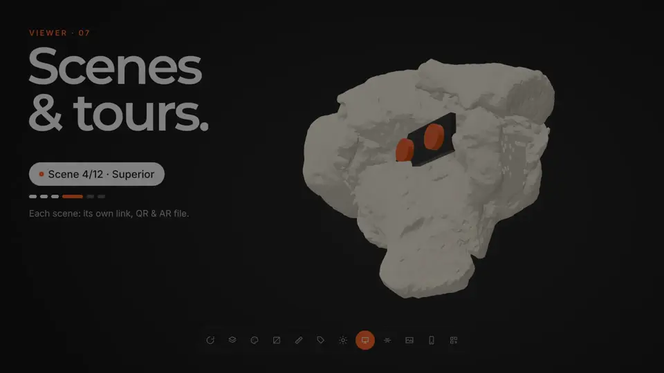 The AcademicAR viewer showing the scenes and tours tool on a 3D model
